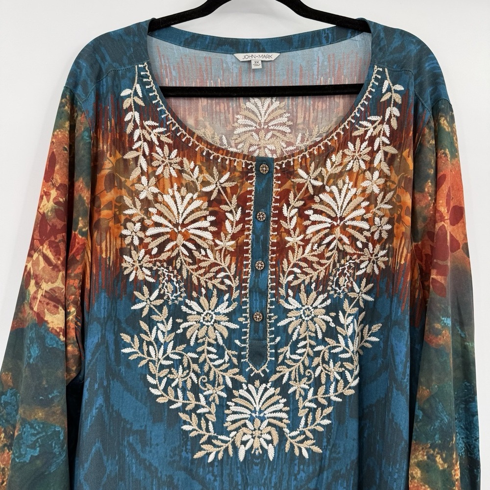 John Mark Shirt Top Womens 3X Blue Orange Embroidered Floral Flowy Scoop Neck - Picture 2 of 10